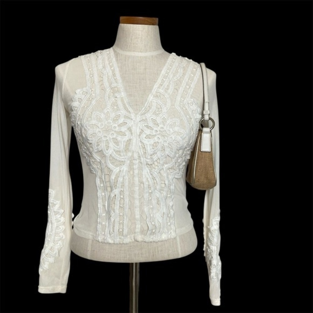 Charlotte Russe Y2K Sheer Lace Mesh Top Women XS Cream Romantic Boho Regencycore